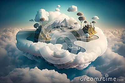 Floating islands in a sea of clouds surreal landscape illustration generative ai Cartoon Illustration