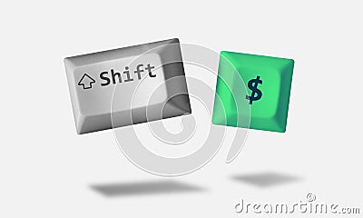 Floating keyboard keys, shift key and dollar sign icon representing shortcut to make money Stock Photo