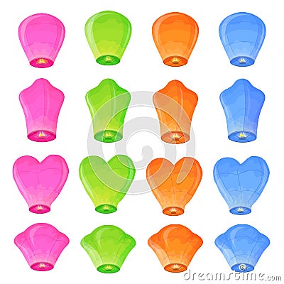 Floating lanterns. Paper glowing lantern with fire lights for wishing ceremony, chinese thailand or diwali autumn Vector Illustration