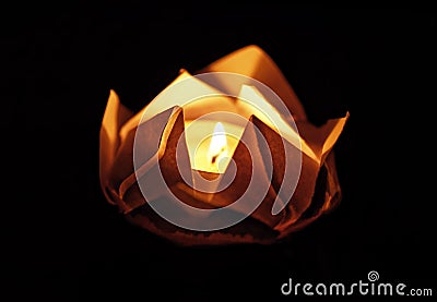 Floating lotus flower on water. Festival paper lanterns at night. Close up and shallow depth of field. Stock Photo