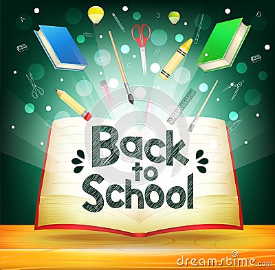 Floating Magical Book With School Items and Back to School Text Vector Illustration