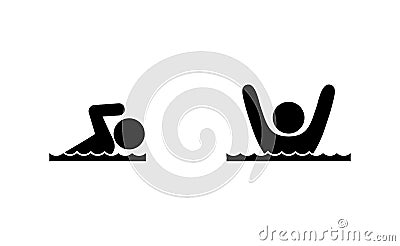 Floating man drowning in water, icons, stick figure pictogram people Stock Photo