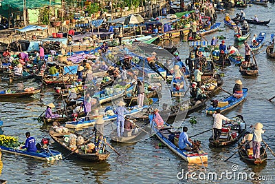 The floating market in Mekong Delta, Vietnam Editorial Stock Photo