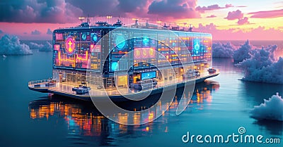 Floating medical hub using AI to analyze and predict global disease outbreaks, integrating advanced data systems and Stock Photo
