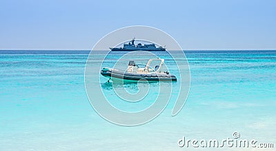 Floating military speed patrol cruiser boat and warship with helicopter Stock Photo