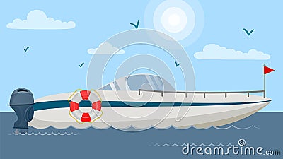 Floating motor speed boat vector illustration flat. Vessel yacht ship with lifebuoy at sea ocean lake water. Luxury Vector Illustration