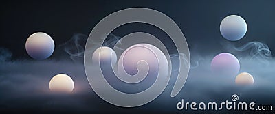 Floating orbs of varying sizes and soft colors rise above a foggy surface, creating a serene and abstract atmosphere tha Stock Photo