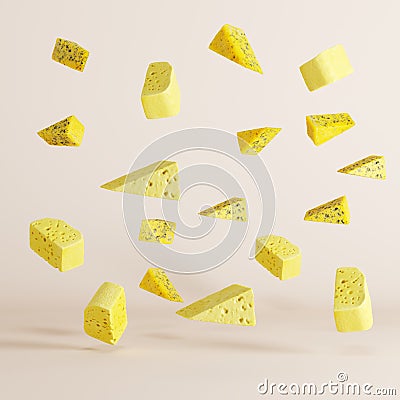 Floating pieces of cheese on white background Stock Photo