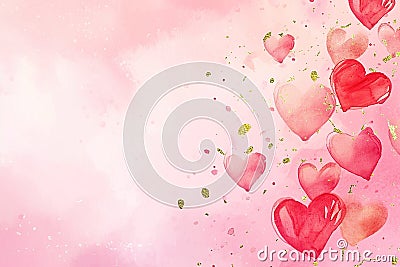 Floating Pink and Gold Hearts on a Soft Pink Backdrop, watercolor style, for Love Themed Events, Valentines, Birthday Stock Photo