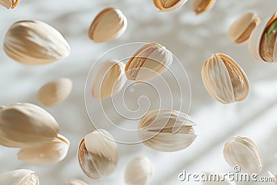 Floating pistachios in soft light Stock Photo