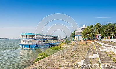 Floating restaurant permanently moored at Danube river Editorial Stock Photo