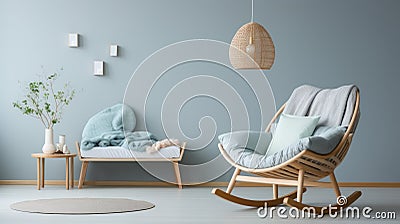 Floating Rocking Chair In Soft Blue Room With Minimalist Staging Stock Photo