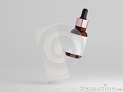 Floating amber dropper bottle and packaging box on a plain white background Stock Photo