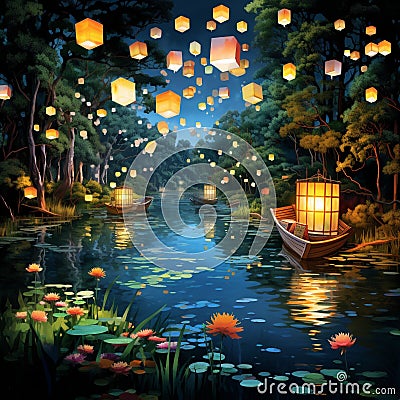 Floating Serenade: A whimsical scene of paper lanterns lighting up a nighttime lake Stock Photo