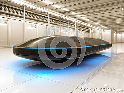 Floating smart drone uses sensors to scan environment in high tech cleanroom with sci fi design Stock Photo