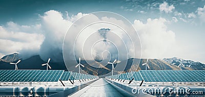 Floating solar power plant and offshore wind turbine farm with majestic mountain background. 3d rendering Stock Photo
