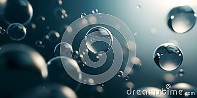 Floating transparent bubbles in a soft, dark, and atmospheric background, ideal for concepts of purity, freshness, science, and Stock Photo