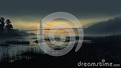 Moody Tonalism: Golden Gate Bridge Silhouette In Eerie Dnd Style Stock Photo