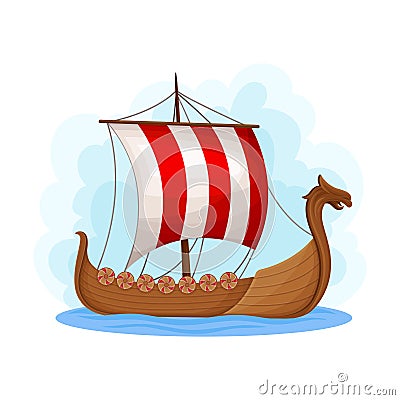 Floating Wooden Viking Ship as Norway Attribute Vector Illustration Vector Illustration