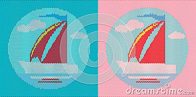 Floating yacht in knitted style in two color options Vector Illustration