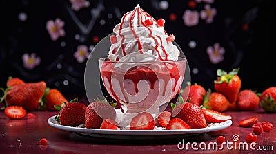 A floating yogurt swirl accompanied by fresh strawberries. Stock Photo