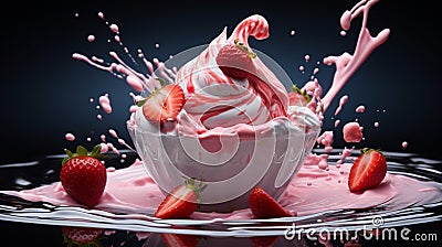 A floating yogurt swirl accompanied by fresh strawberries. Stock Photo