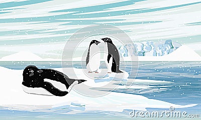 A flock of Adelie Penguin stands on the ocean in a snowstorm. Vector Illustration