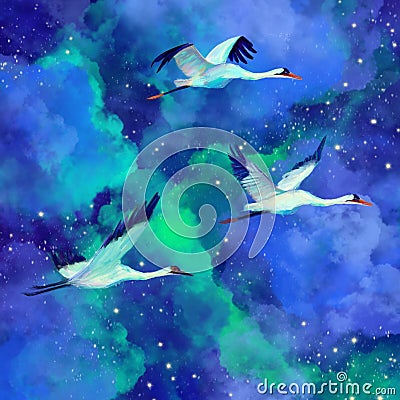 Flock of beautiful birds birds on a fantastic sky watercolor illustration. Galactic stars, night sky, bright lights Cartoon Illustration