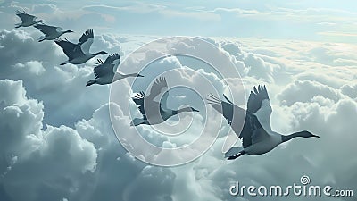 Flock of birds flying through the clouds Stock Photo