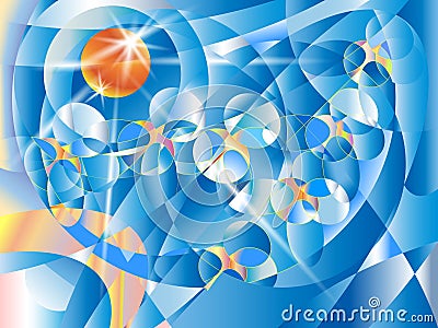 Flock of birds flying in the sky with clouds and sun. Vector illustration.A pseudo polygon Vector Illustration