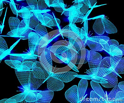 Flock of blue neon polygonal butterflies consisting of lines Cartoon Illustration