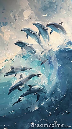 A flock of dolphins frolicking in the ocean waves jumps above the surface of the water Stock Photo