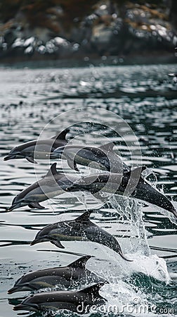 A flock of dolphins frolicking in the ocean waves jumps above the surface of the water Stock Photo