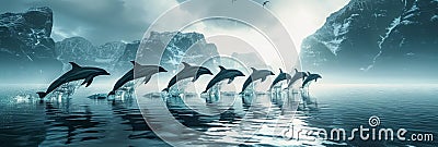 A flock of dolphins frolicking in the ocean waves jumps above the surface of the water, banner Stock Photo