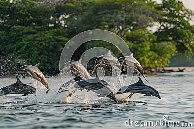 A flock of dolphins frolicking in the ocean waves jumps above the surface of the water Stock Photo