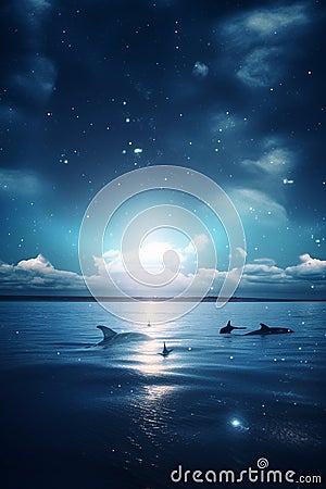 A flock of dolphins splashes in the open sea at night among the glowing stars reflected in the water. AI Generated Stock Photo