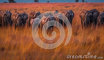A flock of elephants in a grassland ai, ai generative, illustration Cartoon Illustration