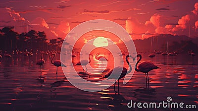 A flock of flamingos wading in shallow waters Stock Photo