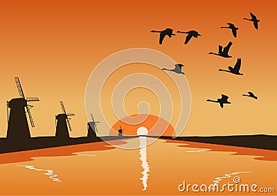 Flock of geese flying over river with mills at sunset Vector Illustration