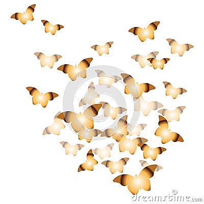 A flock of isolated flying golden butterflies on a white background. Illustration. Vector Illustration