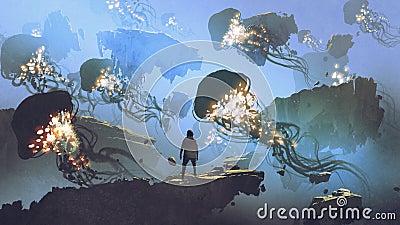 Flock of jellyfishes flying in the sky Cartoon Illustration