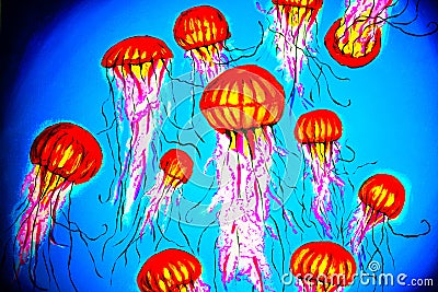 Jellyfish drawing with acrylic paints. Flock of jellyfishes flying in the sky.figure, picture, example. Cartoon Illustration