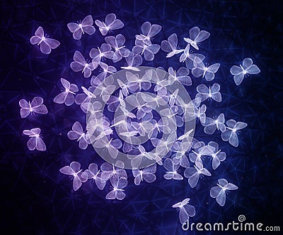 Flock of neon polygonal butterflies Cartoon Illustration