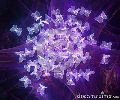 Flock of neon polygonal butterflies in the spider web Cartoon Illustration