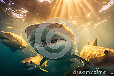 A flock of sharks take a selfie. AI Generated Stock Photo