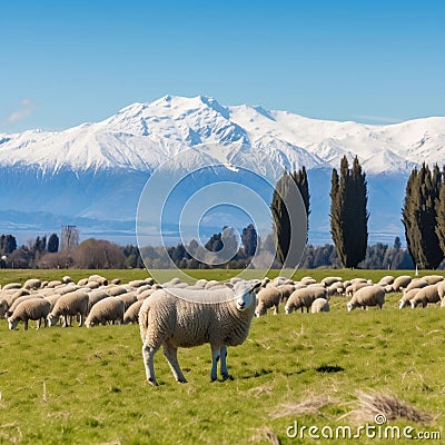 Flock of sheep peacefully grazing in a lush green meadow in the Southern New Zealand Stock Photo