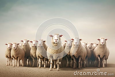 Flock of sheep staring in the same direction. Generative AI Stock Photo