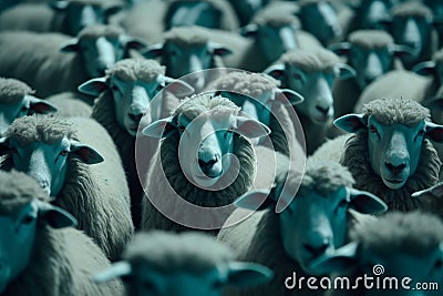 Flock sheep staring. Generate Ai Stock Photo