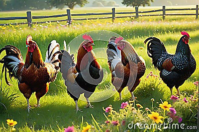 Flock of Vibrant-Colored Chickens Pecking at the Roadside: Reflective Morning Dew on Blades of Grass Stock Photo