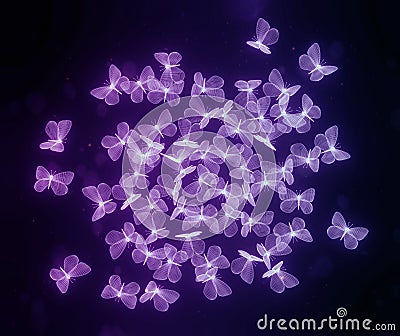 Flock of violet neon polygonal butterflies Cartoon Illustration